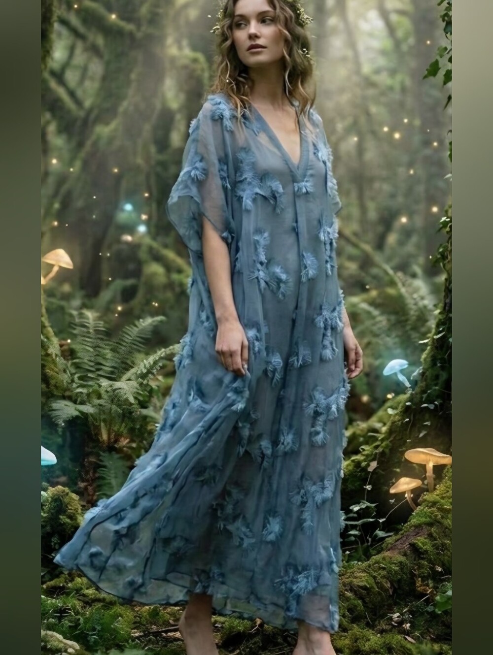 Zara Blue Embroidered Semi-Sheer Kaftan Kimono Dress Ethereal Fairycore XXL